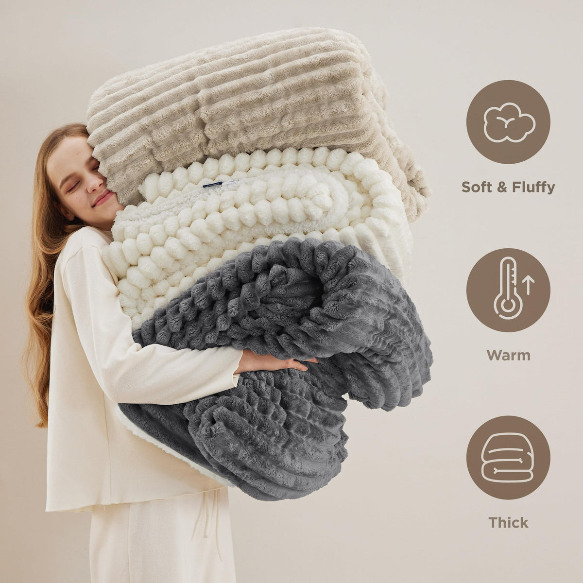 Bedsure Sherpa Throw Blanket for Couch - Super Soft, Comfort Cozy Fleece Thick Warm Blanket for Women, GentleSoft Plush & Fluffy Spring Throw Gift for Women, Room Decor, Beige, 50x60 Inches