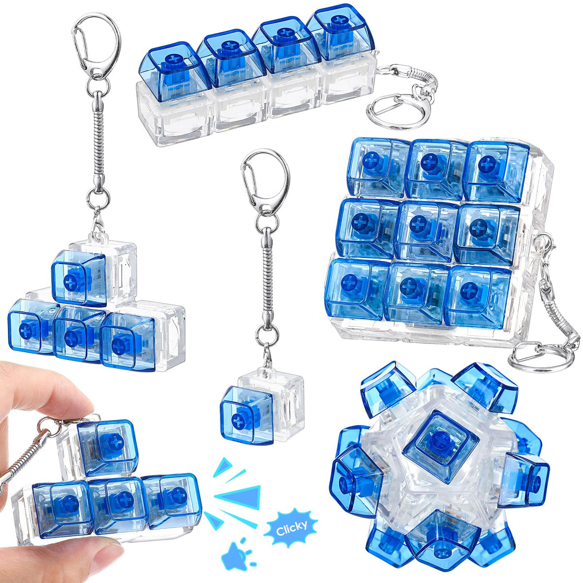 Halloscume 5 Pcs Keyboard Fidget Clicker Keychains in 5 Styles, Back to School Gift Fidget Mechanical Button Clicker Stress Relief Gift for First Day of School Office Home(Blue Purple)
