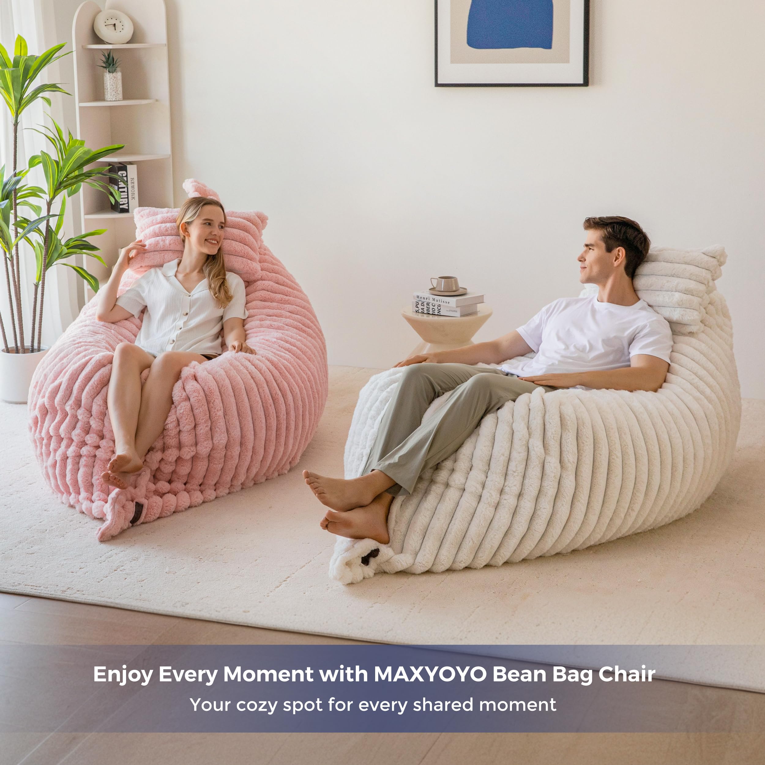 MAXYOYO Giant Bean Bag Chair with Pillow, 3 in 1 Convertible Bean Bag Chair for Adults with Washable Cover, Removable Floor Cushion Stuffed Floor Lounger for Living Room Bedroom, Pink, Full
