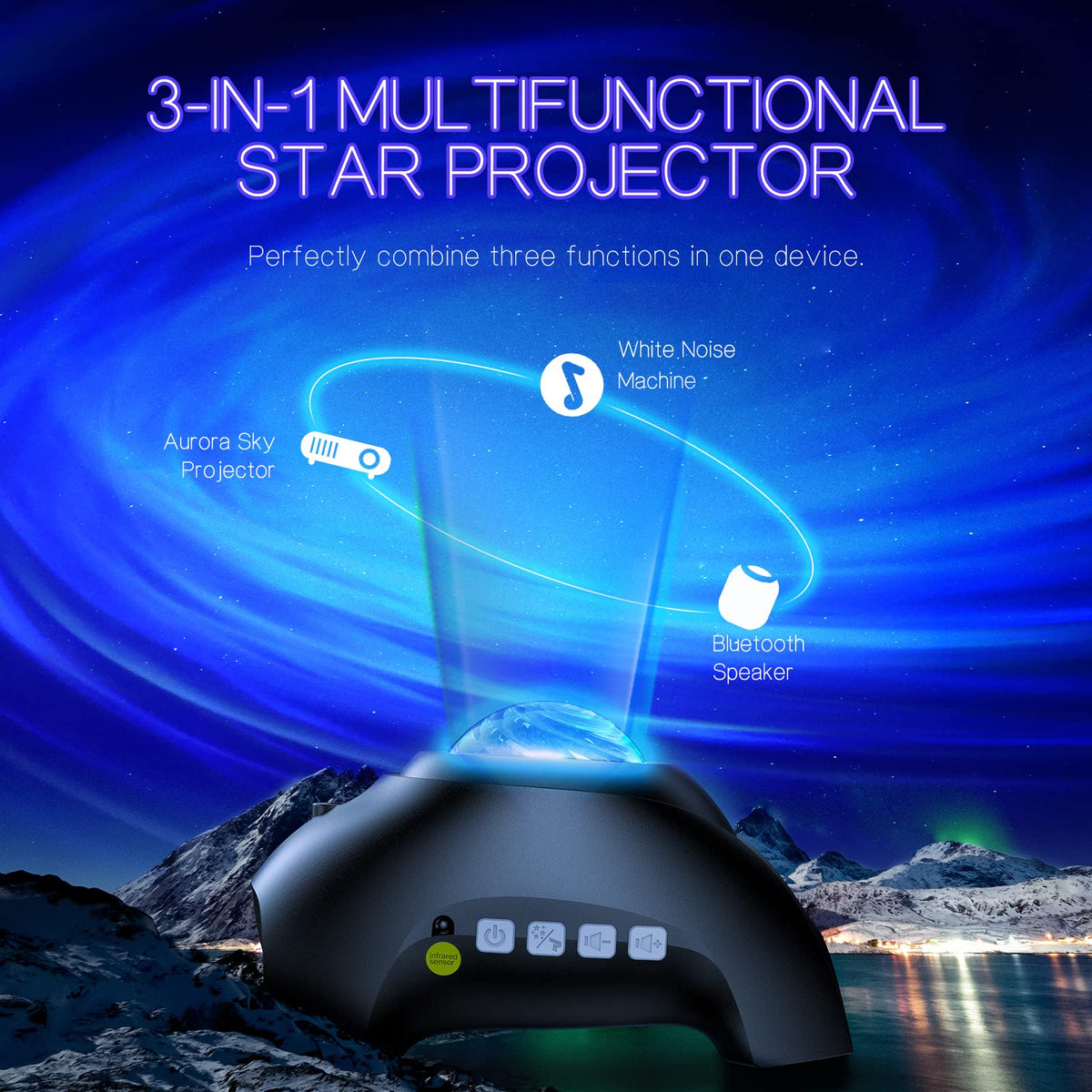 Northern Galaxy Light Aurora Projector with 33 Light Effects, Night Lights LED Star Projector for Bedroom Nebula Lamp, Remote Control, White Noises, Bluetooth Speaker for Parties Black