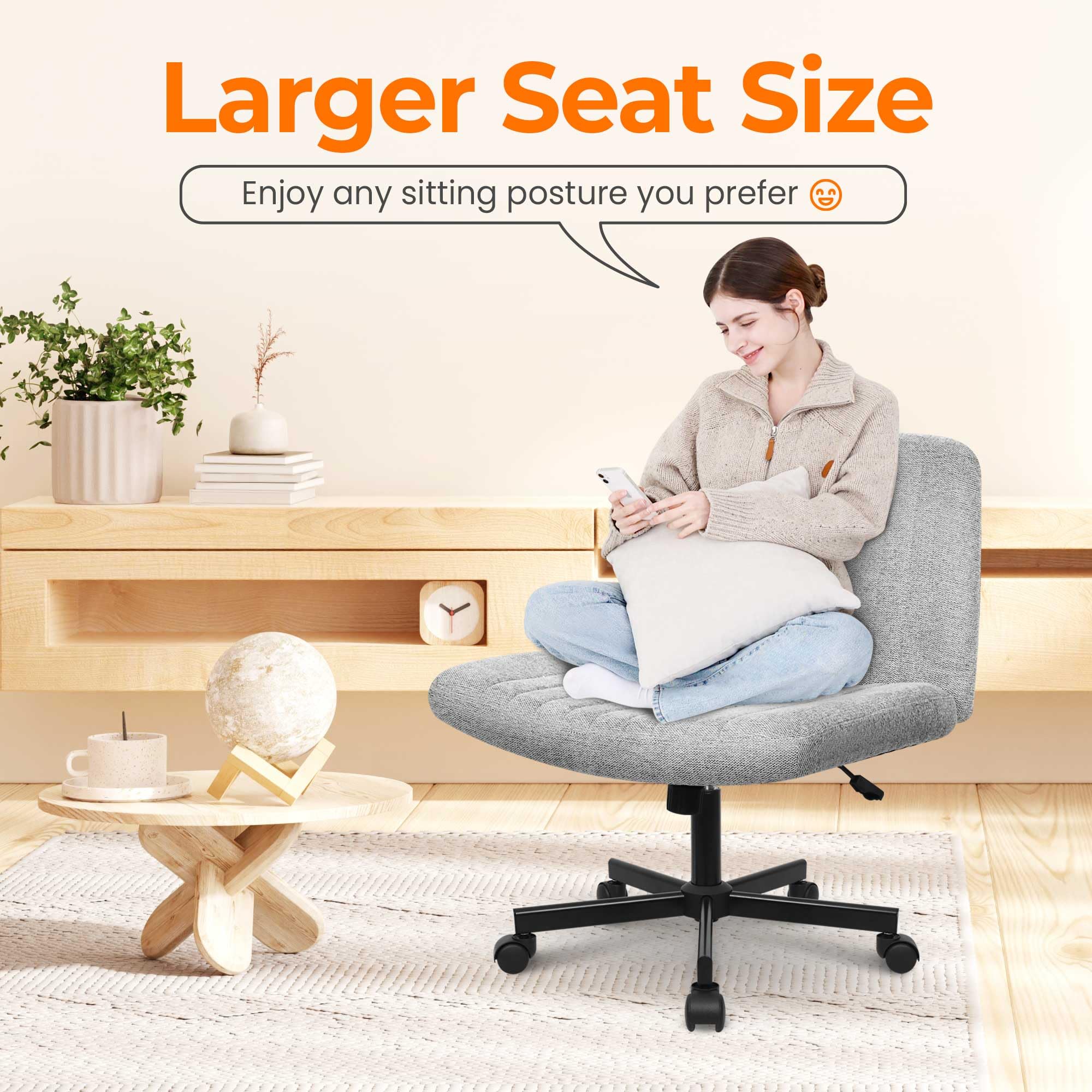 NEO CHAIR Criss Cross Chair with Wheels Home Office Cross Legged Armless Chairs Adjustable Computer Desk Wide Seat for Bedroom Vanity Comfy Swivel (Teddy White)