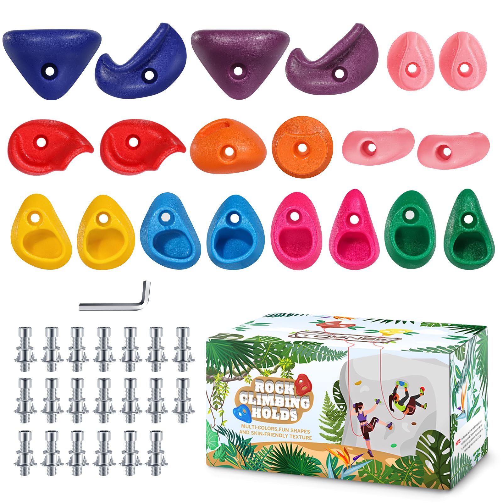TOPNEW 32 Rock Climbing Holds Multi Size for Kids, Adult Rock Wall Holds Climbing Rock Wall Grips for Indoor and Outdoor Playground Play Set - Includes 2 Inch Mounting Hardware