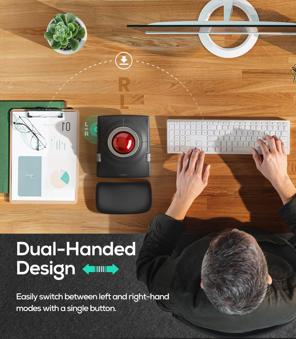 Nulea Wireless Trackball Mouse, Ergonomic 55mm Trackball, 4 Level Adjustable DPI for Precise Control, Left or Right Hand Compatible, Rechargeable, Multi-Device Bluetooth & 2.4GHz for PC, Laptop
