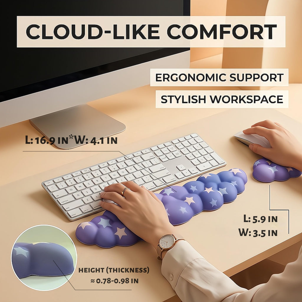 Silky Cloud Wrist Rest Set for Keyboard & Mouse, 16.9", Purple Star | Memory Foam Arm Rest with Ergonomic Support Fits Full Keyboards and Reduces Typing Fatigue for Office, Gaming and Home Use