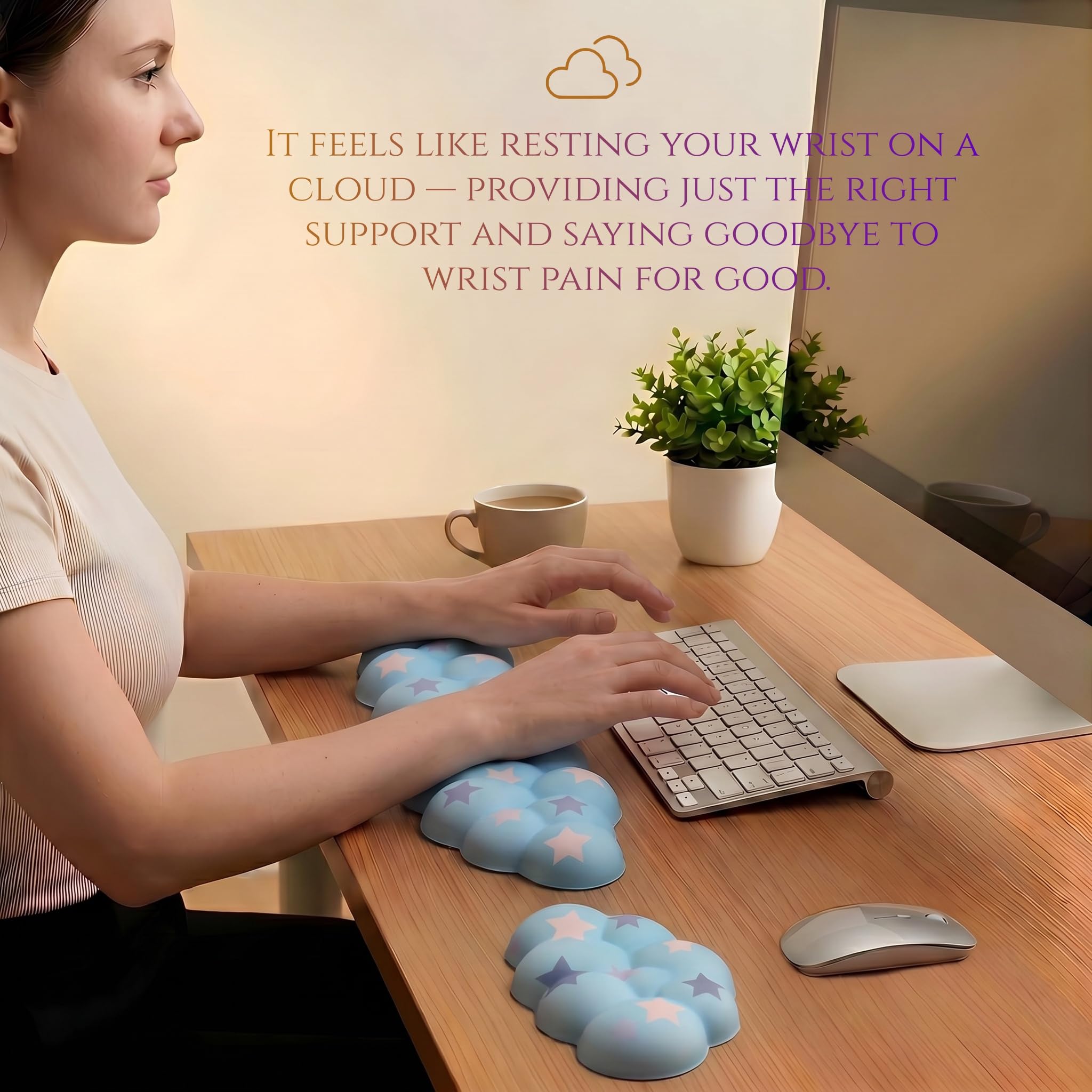 Silky Cloud Wrist Rest Set for Keyboard & Mouse, 16.9", Purple Star | Memory Foam Arm Rest with Ergonomic Support Fits Full Keyboards and Reduces Typing Fatigue for Office, Gaming and Home Use