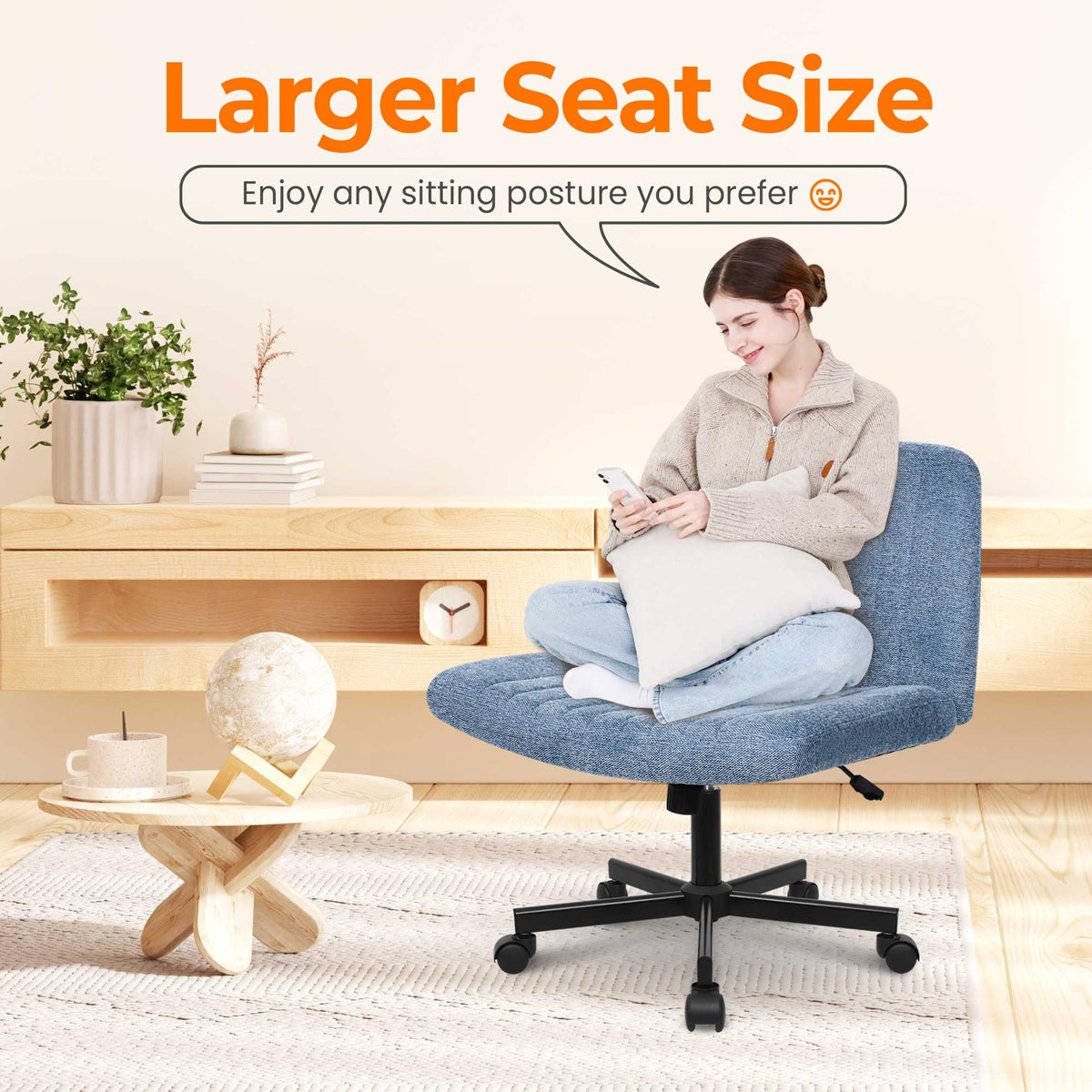 NEO CHAIR Criss Cross Chair with Wheels Home Office Cross Legged Armless Chairs Adjustable Computer Desk Wide Seat for Bedroom Vanity Comfy Swivel (Teddy White)