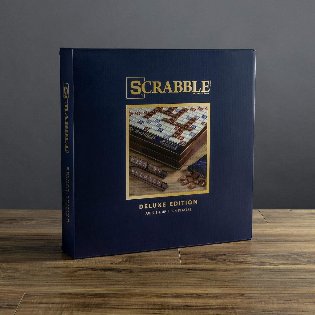 WS Game Company Scrabble Deluxe Edition Board Game Featuring a Rotating Wooden Game Cabinet with Built-in Storage and Raised Letter Tile Grid — Board Games for 2-4 Players (Ages 8+)