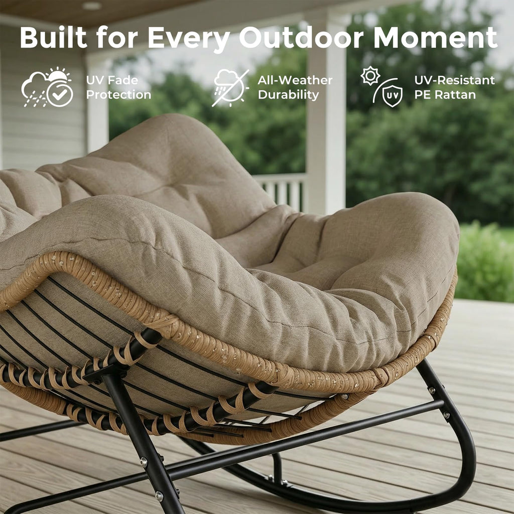 SWITTE Papasan Rocking Chair Outdoor, Oversized Patio Egg Chair with Thick Cushion, Indoor Wicker Lounge Rocker Bed for Balcony, Porch, Garden, Dark Gray
