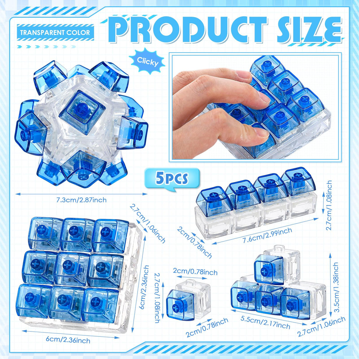 Halloscume 5 Pcs Keyboard Fidget Clicker Keychains in 5 Styles, Back to School Gift Fidget Mechanical Button Clicker Stress Relief Gift for First Day of School Office Home(Blue Purple)