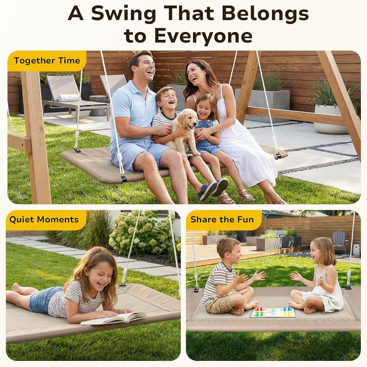 Trekassy 60" Extra Large Rectangle Tree Swing - Heavy Duty 700lb Capacity, Waterproof Platform for Kids & Adults with Complete Installation Kit & 2 Tree Straps (Beige)