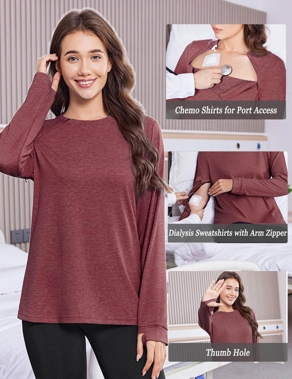 Deyeek Chemo Shirts for Port Access Women Long Sleeve Shoulder Post Surgery Shirt Dialysis Sweatshirts with Arm Zipper
