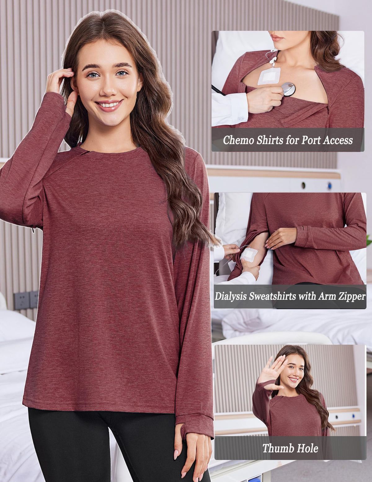 Deyeek Chemo Shirts for Port Access Women Long Sleeve Shoulder Post Surgery Shirt Dialysis Sweatshirts with Arm Zipper