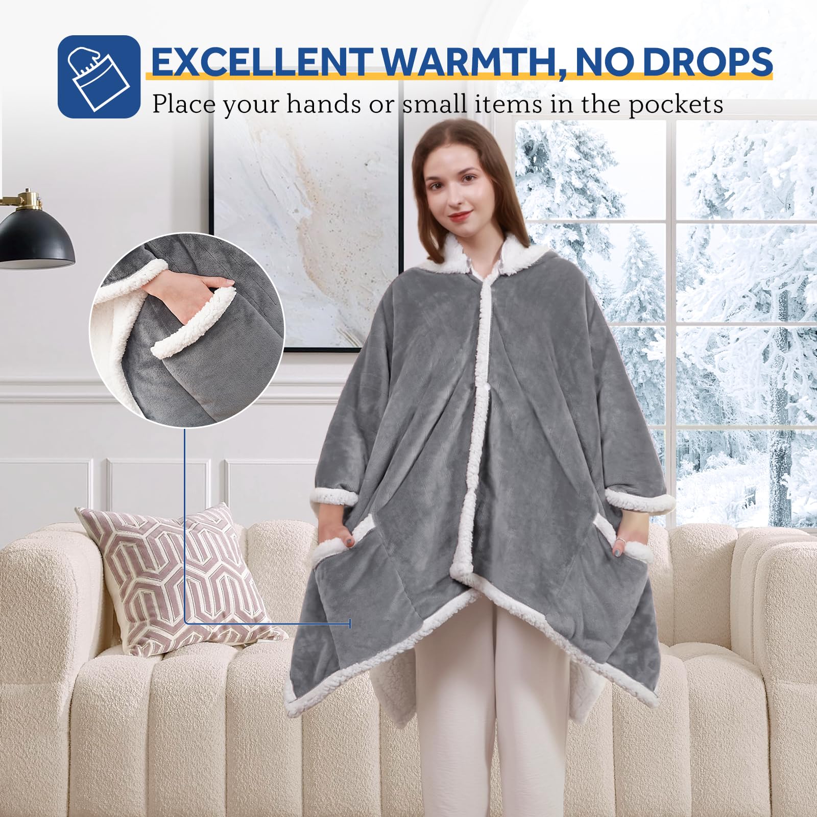 Sealy Heated Throw Wearable Shawl Wrap with Pockets, Reversible Flannel to Sherpa Electric Blanket Hoodie Poncho with 6 Heating Levels & 2-10 Hours Time Settings, 50 X 60 Inch, Pink