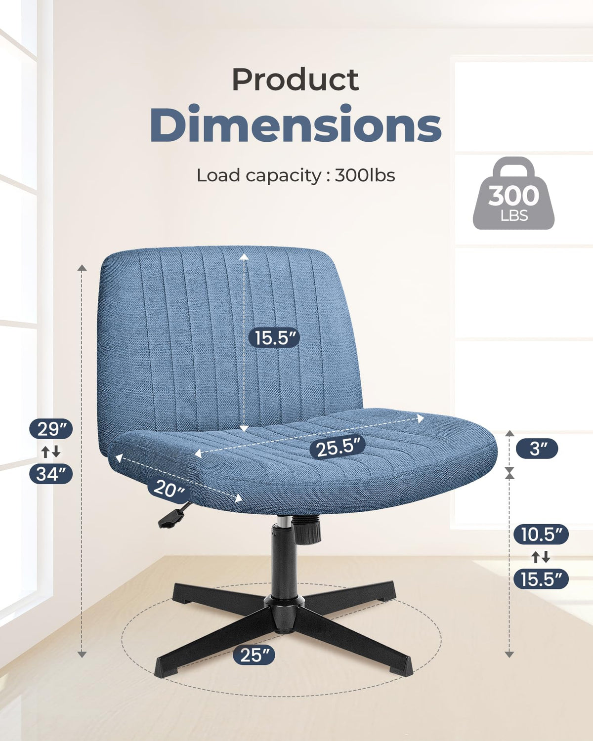 NEO CHAIR Criss Cross Chair with Wheels Home Office Cross Legged Armless Chairs Adjustable Computer Desk Wide Seat for Bedroom Vanity Comfy Swivel (Teddy White)