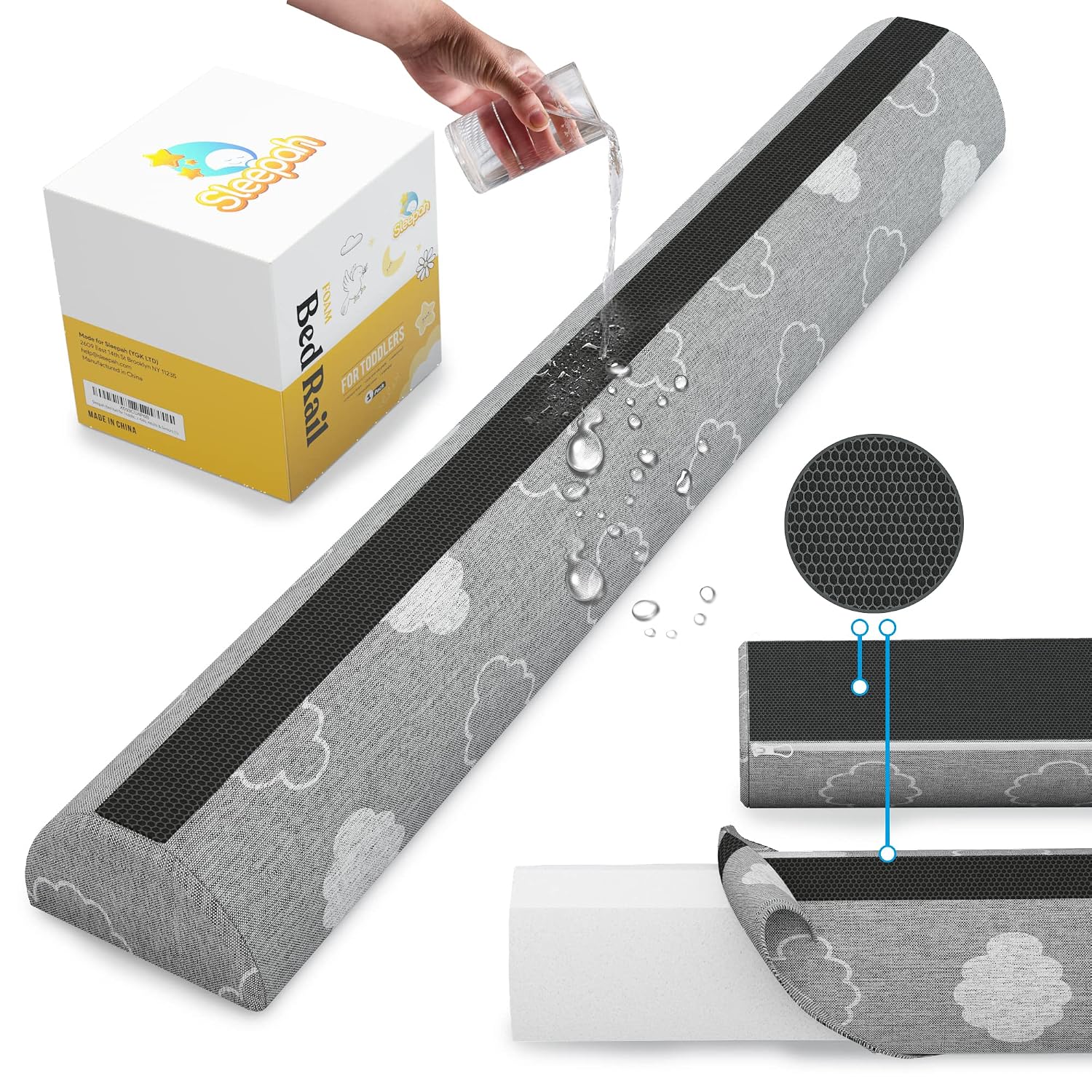 Sleepah Bed Bumpers for Toddlers - Memory Foam Guard Rail Pads for Kids Bed | Soft Removable Washable & Waterproof Cover – Dual Sided Non-Slip Noodle Long Pillow for King Queen Full Twin Beds (1 Pack)