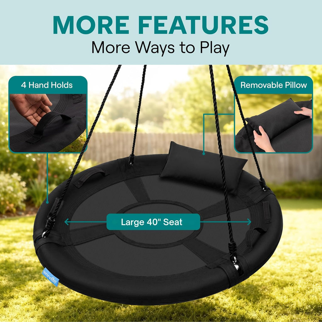 SereneLife Saucer Swing, Tree Swing, 40 Inch, 900lb Heavy Duty Capacity for Kids, 900D Oxford Waterproof Seat, Adjustable Height Ropes, 2 Strap Tree Hang Kit, Center Swivel Spinner, Black