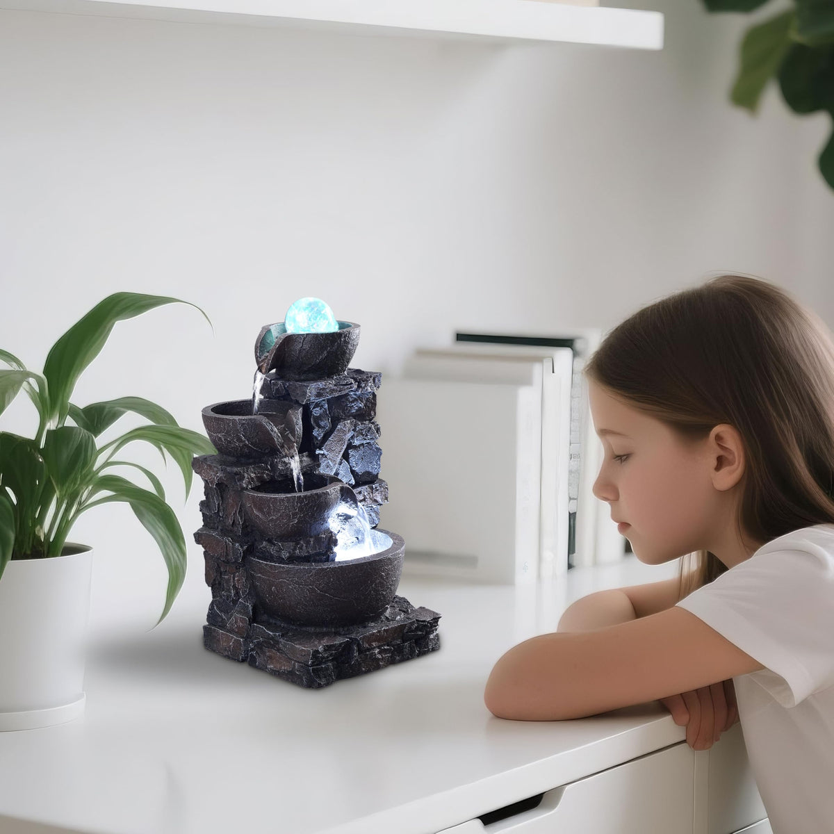 Tabletop Indoor Water Fountain – 3-Tier Rock Waterfall Fountain with Warm LED Light and DIY Planting Pot – Relaxing Small Water Feature for Desk or Home Decor (23061)