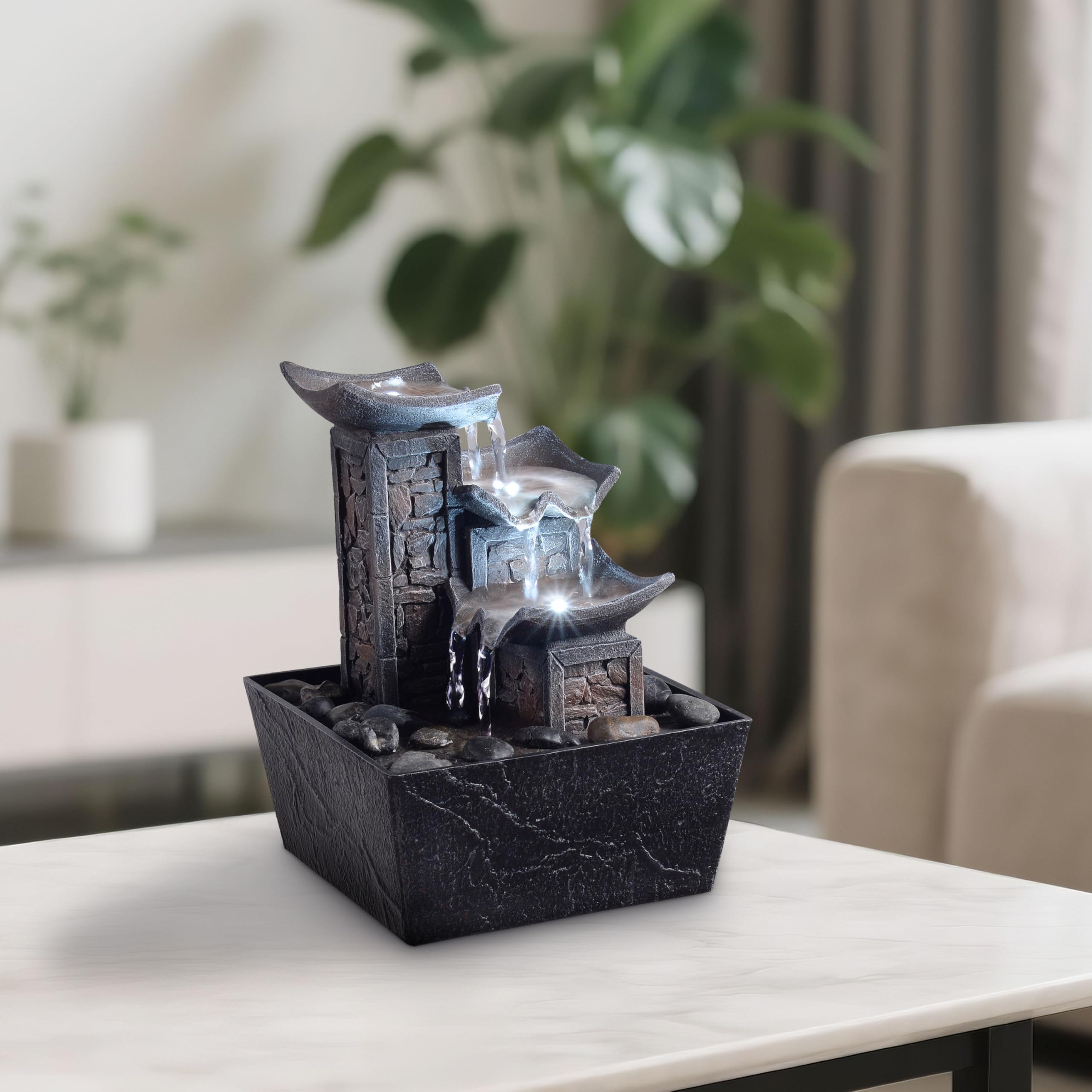 Tabletop Indoor Water Fountain – 3-Tier Rock Waterfall Fountain with Warm LED Light and DIY Planting Pot – Relaxing Small Water Feature for Desk or Home Decor (23061)