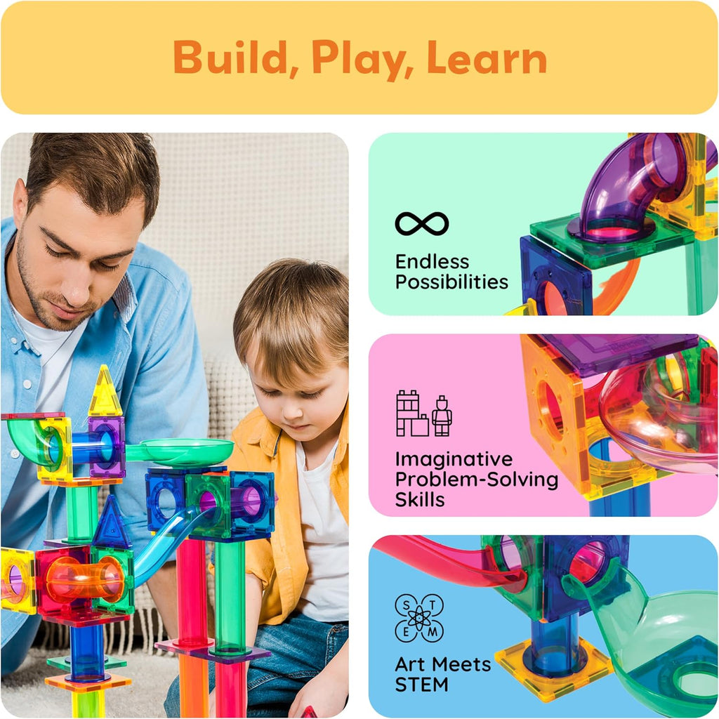 PicassoTiles 100 Piece Marble Run Magnetic Tiles Race Track STEM Ages 3+ | BPA-free ABS plastic, reinforced edges, curved slopes and U-turns, steel balls included, open-ended maze layouts, shared play
