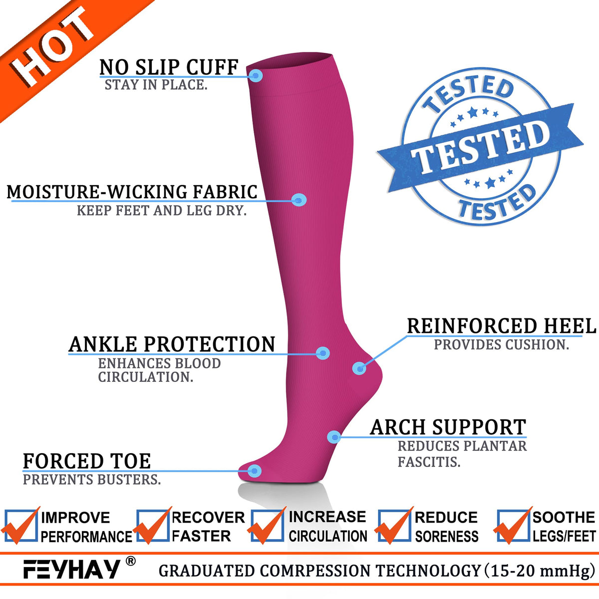 FEYHAY Copper Compression Socks (8 Pairs) 15-20 mmHg Circulation is Best Athletic & Daily for Men & Women, Running, Climbing
