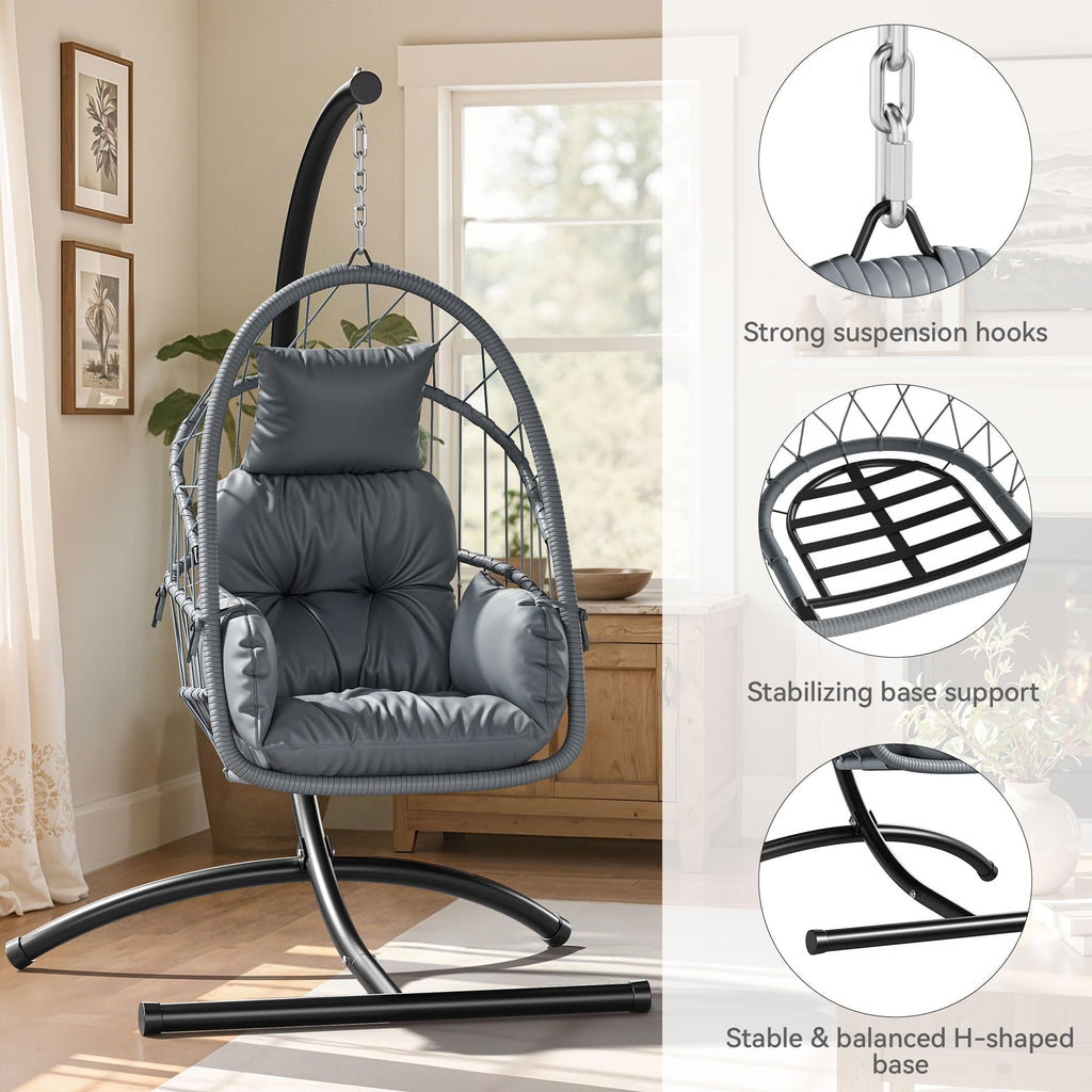 YITAHOME Hanging Egg Chair with Stand, Wicker Rattan Egg Swing Chair with 360° Swivel, Cushions, Strong Frame with 330 lbs of Support for Indoor, Outdoor, Grey