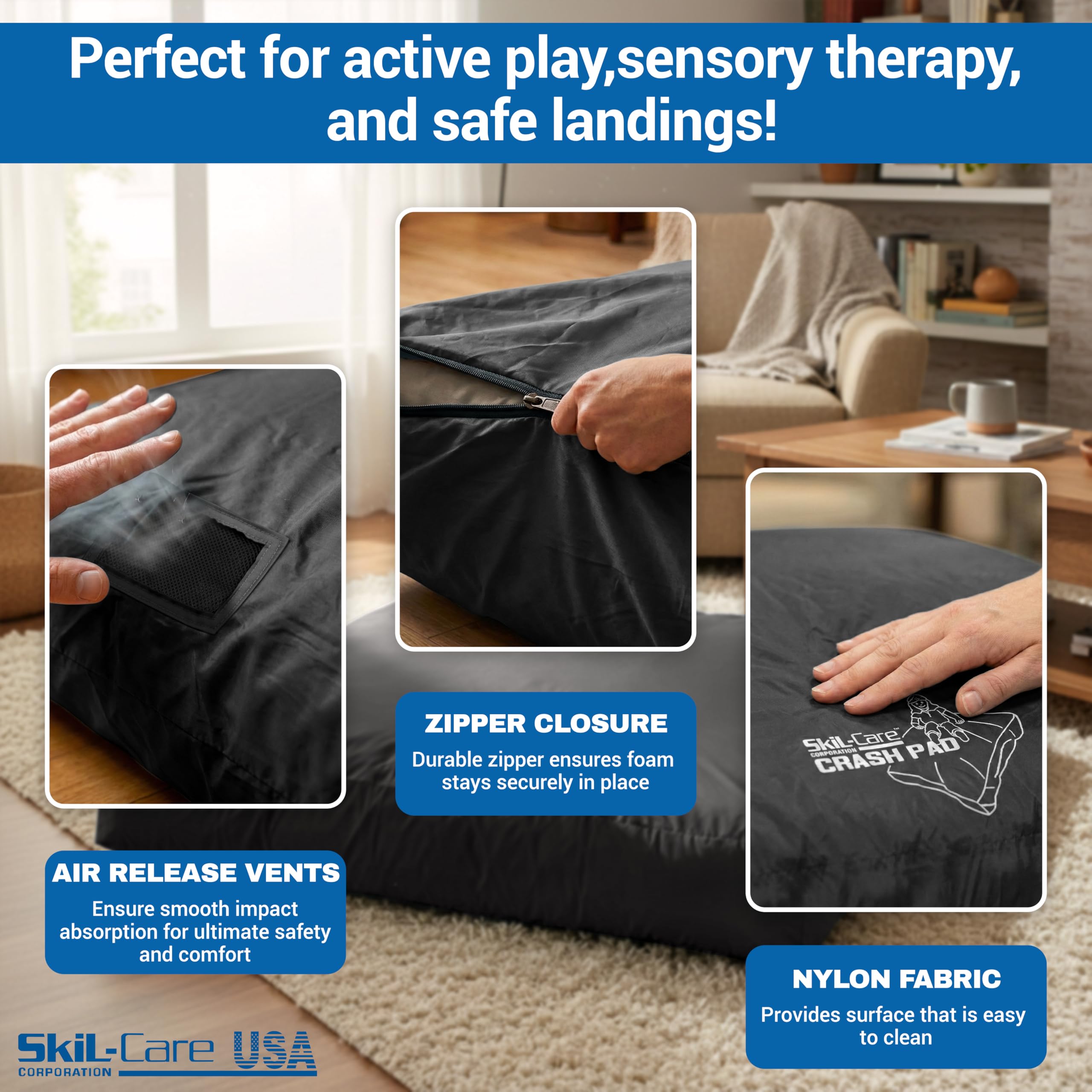 Skil-Care Crash Pad for Kids | Sensory Crash Mat for Active Play | High-Density & Soft Foam Blocks Landing Zone | Kids Jumping Pillow for Indoor & Outdoors Use with Durable Nylon Cover - 5x5 feet