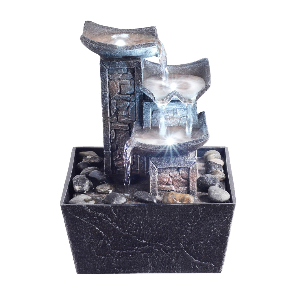 Tabletop Indoor Water Fountain – 3-Tier Rock Waterfall Fountain with Warm LED Light and DIY Planting Pot – Relaxing Small Water Feature for Desk or Home Decor (23061)