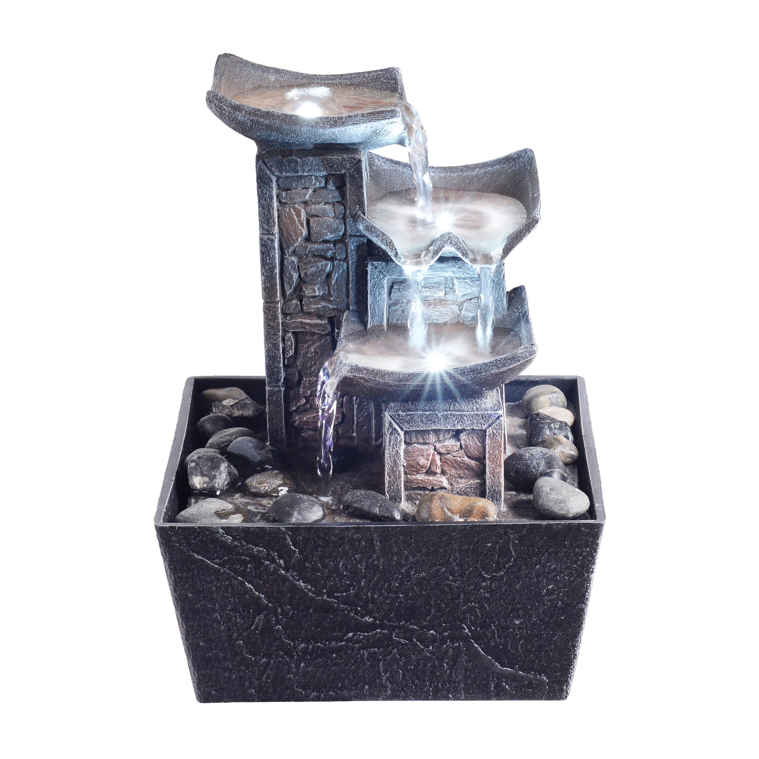 Tabletop Indoor Water Fountain – 3-Tier Rock Waterfall Fountain with Warm LED Light and DIY Planting Pot – Relaxing Small Water Feature for Desk or Home Decor (23061)
