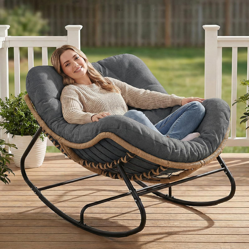 SWITTE Papasan Rocking Chair Outdoor, Oversized Patio Egg Chair with Thick Cushion, Indoor Wicker Lounge Rocker Bed for Balcony, Porch, Garden, Dark Gray