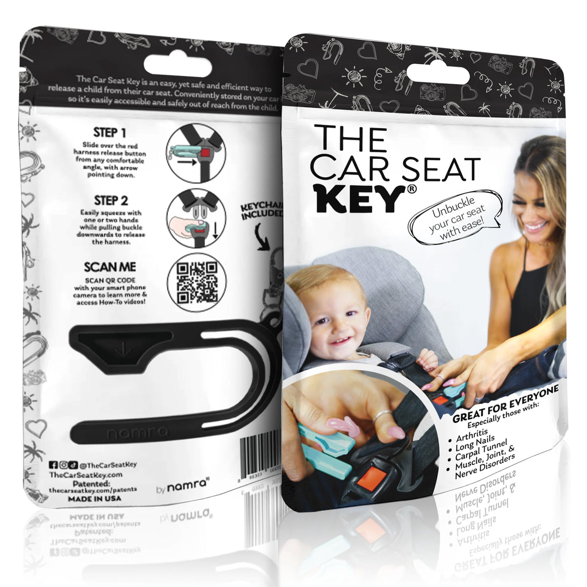 The Car Seat Key - Original Car Seat Key Chain Buckle Release Tool - Easy Unbuckle Opener Aid for Nails, Parents, Grandparents & Older Children by NAMRA Made in USA (Black)