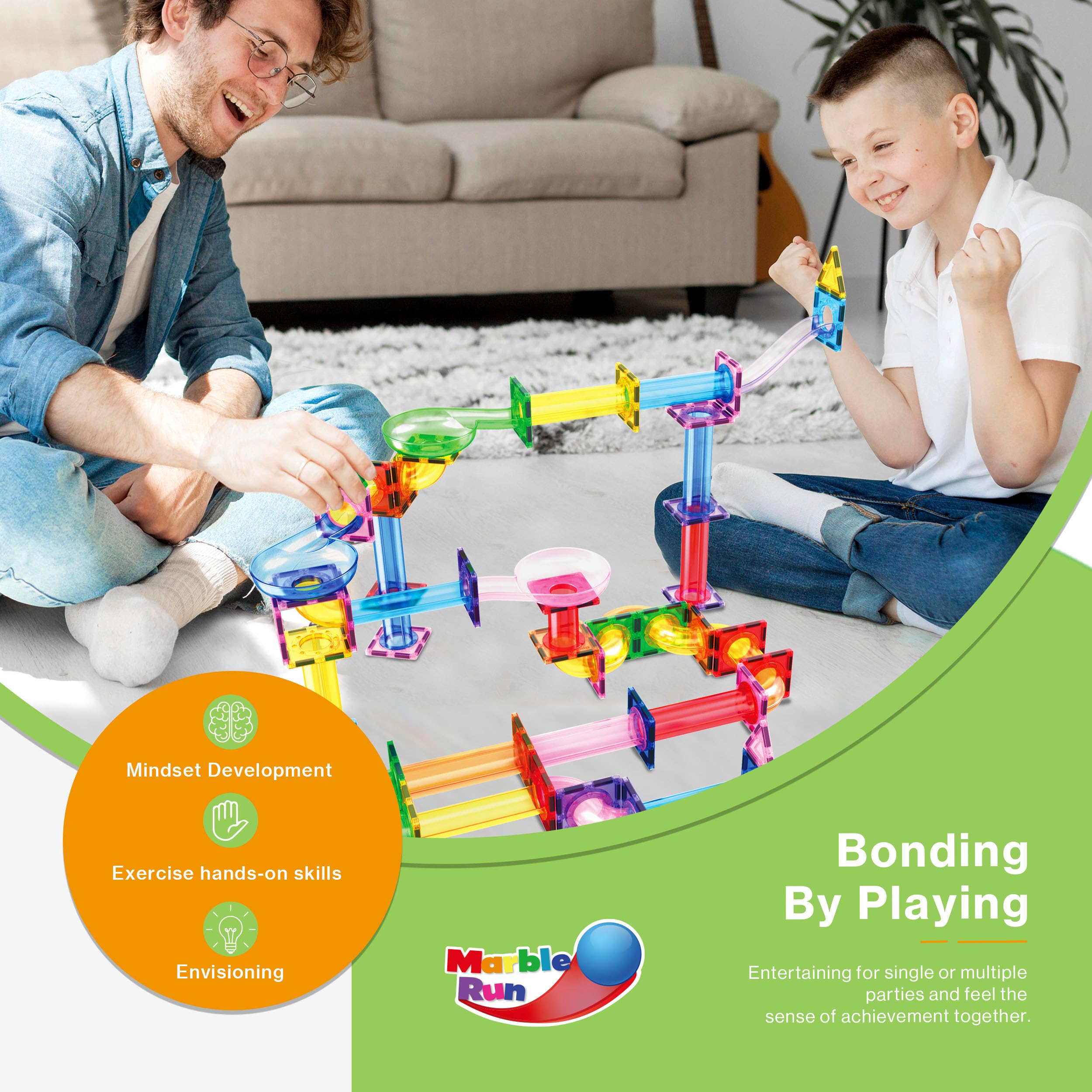 PicassoTiles 100 Piece Marble Run Magnetic Tiles Race Track STEM Ages 3+ | BPA-free ABS plastic, reinforced edges, curved slopes and U-turns, steel balls included, open-ended maze layouts, shared play