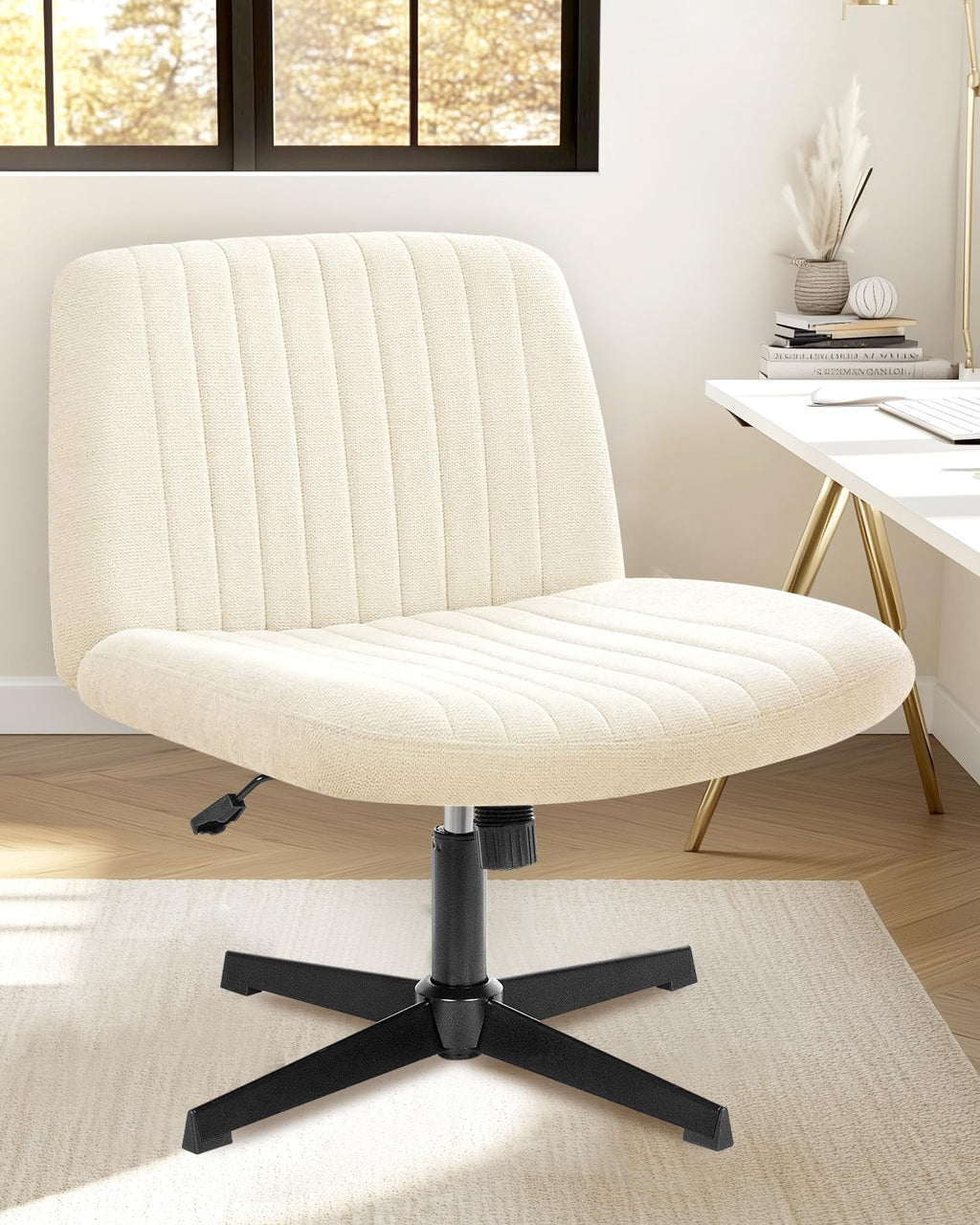 NEO CHAIR Criss Cross Chair with Wheels Home Office Cross Legged Armless Chairs Adjustable Computer Desk Wide Seat for Bedroom Vanity Comfy Swivel (Teddy White)
