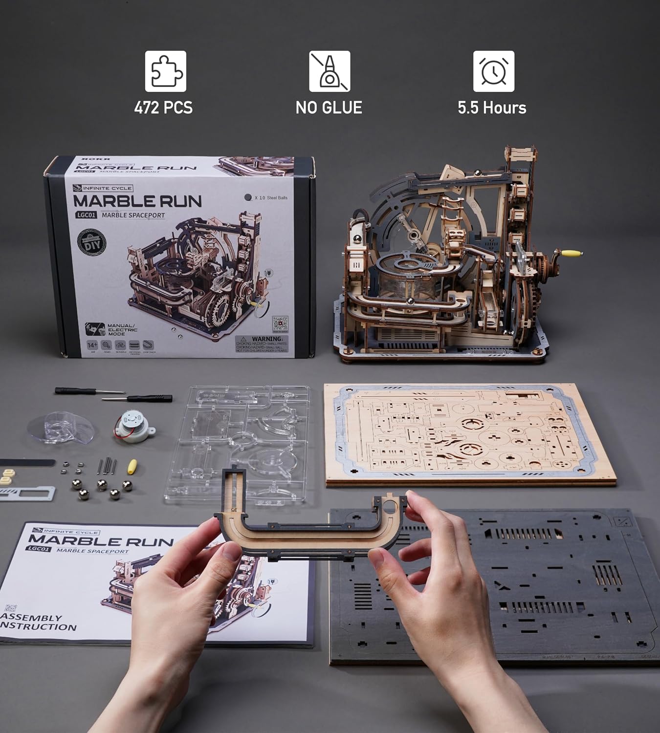 ROBOTIME Motorized Wooden Puzzles for Adults - 3D Puzzles for Adults LGC01 Marble Spaceport - Wooden Marble Run Model to Build - Space/STEM/Engineering Gift