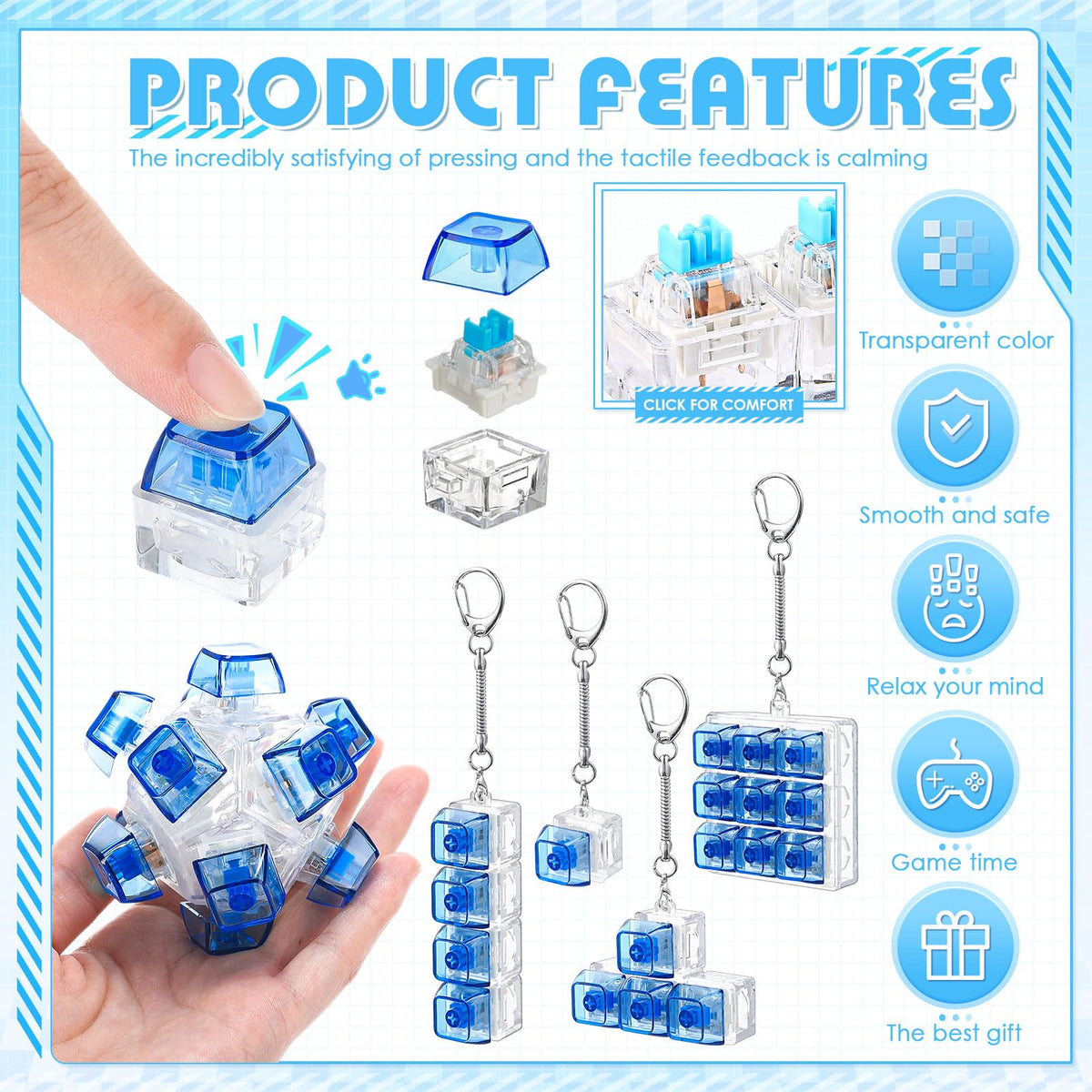 Halloscume 5 Pcs Keyboard Fidget Clicker Keychains in 5 Styles, Back to School Gift Fidget Mechanical Button Clicker Stress Relief Gift for First Day of School Office Home(Blue Purple)