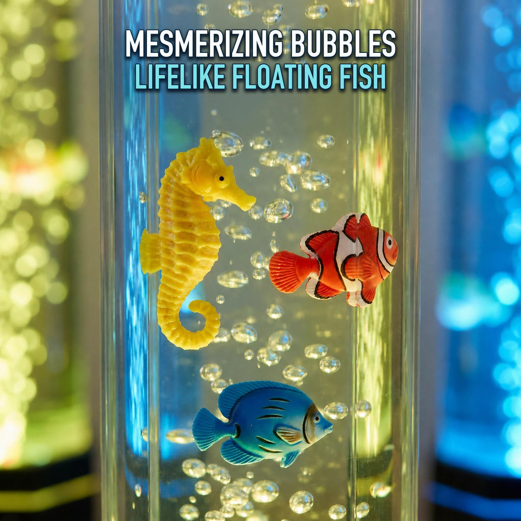 4FT Sensory Bubble Lamp, 9 Floating Fish, 16 Color LED | Remote control, 120mm extra-wide tube, 3-speed bubbles; for bedroom, living room, office and sensory room