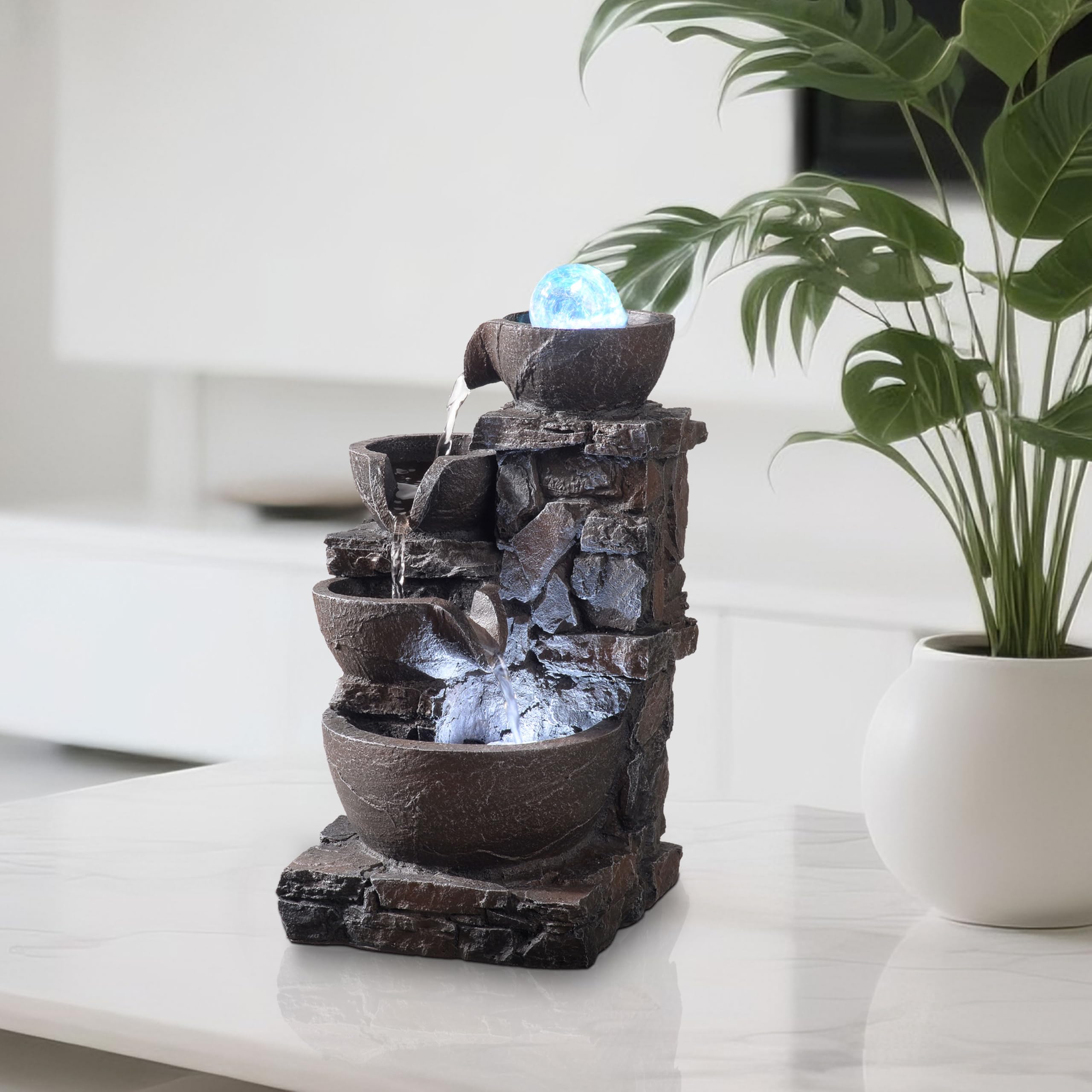 Tabletop Indoor Water Fountain – 3-Tier Rock Waterfall Fountain with Warm LED Light and DIY Planting Pot – Relaxing Small Water Feature for Desk or Home Decor (23061)