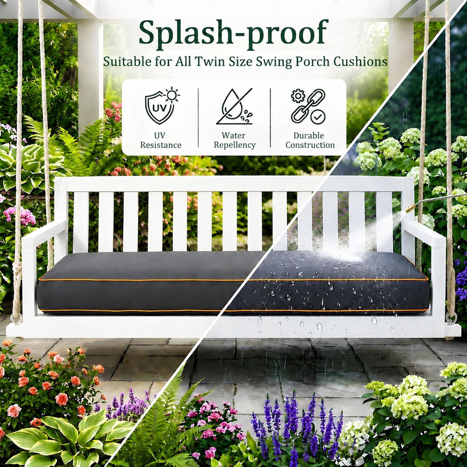 Twin Size Outdoor Daybed Swing Cushion Cover,Patio Porch Twin Mattress Bolster Pillow Fitted Sheet Cover Waterproof for Outdoor Hanging Porch Swing Bed (6, Dark Gray-White Piping)