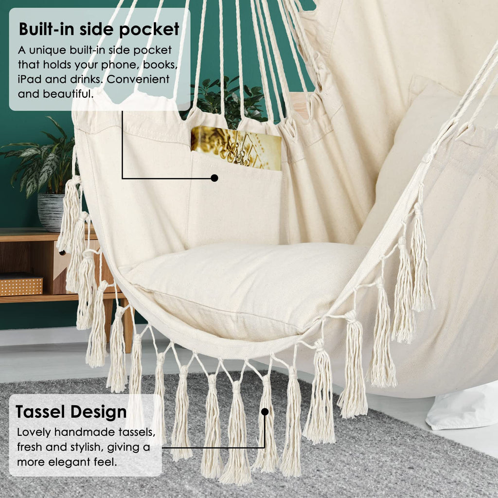 Y- STOP Hammock Chair Hanging Rope Swing Chair, Max 500 Lbs, 2 Seat Cushions Included, Removable Steel Spreader Bar with Anti-Slip Rings, Hardware kit-for Indoor Outdoor(Dark Grey)