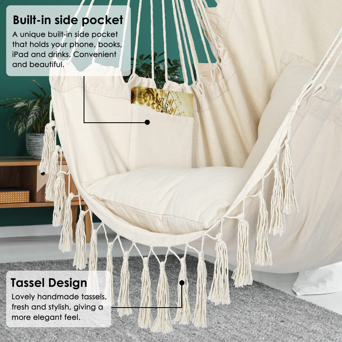 Y- STOP Hammock Chair Hanging Rope Swing Chair, Max 500 Lbs, 2 Seat Cushions Included, Removable Steel Spreader Bar with Anti-Slip Rings, Hardware kit-for Indoor Outdoor(Dark Grey)