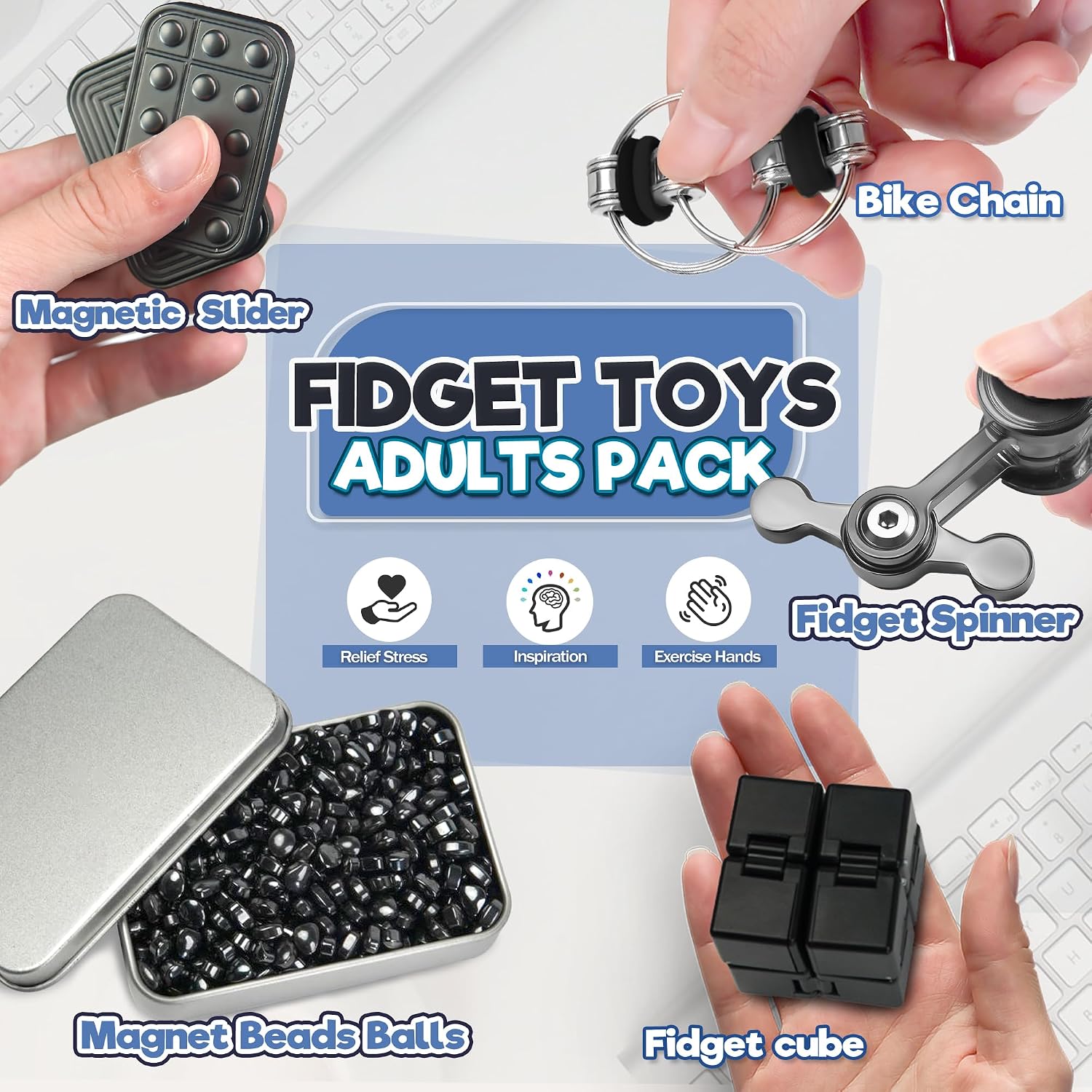 5 Pcs Fidget Toys for Adults & Teens Magnetic Putty Beads Cool Gadgets Slider Metal Fidgets Spinners Cube Office Desk Sensory Toy for Autism ADHD Stress Relief Set Anxiety Items Gift for Teen Boys