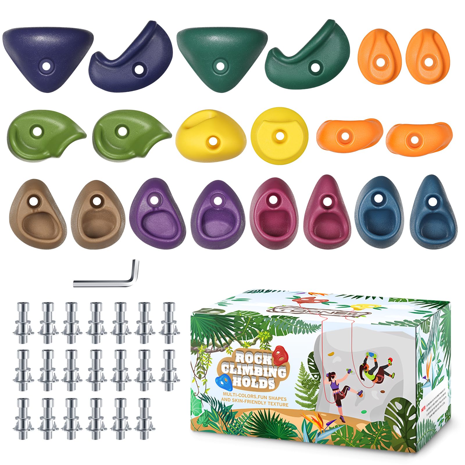 TOPNEW 32 Rock Climbing Holds Multi Size for Kids, Adult Rock Wall Holds Climbing Rock Wall Grips for Indoor and Outdoor Playground Play Set - Includes 2 Inch Mounting Hardware