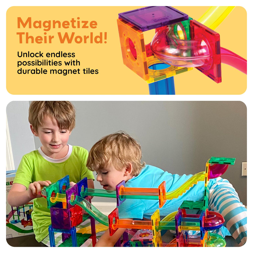 PicassoTiles 100 Piece Marble Run Magnetic Tiles Race Track STEM Ages 3+ | BPA-free ABS plastic, reinforced edges, curved slopes and U-turns, steel balls included, open-ended maze layouts, shared play