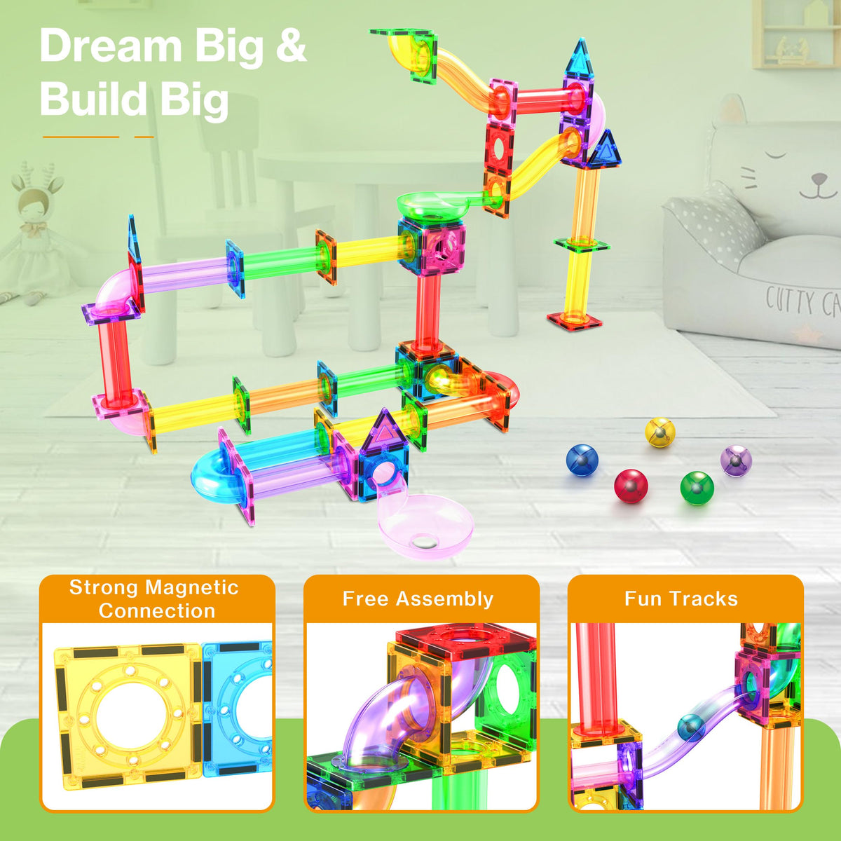 PicassoTiles 100 Piece Marble Run Magnetic Tiles Race Track STEM Ages 3+ | BPA-free ABS plastic, reinforced edges, curved slopes and U-turns, steel balls included, open-ended maze layouts, shared play