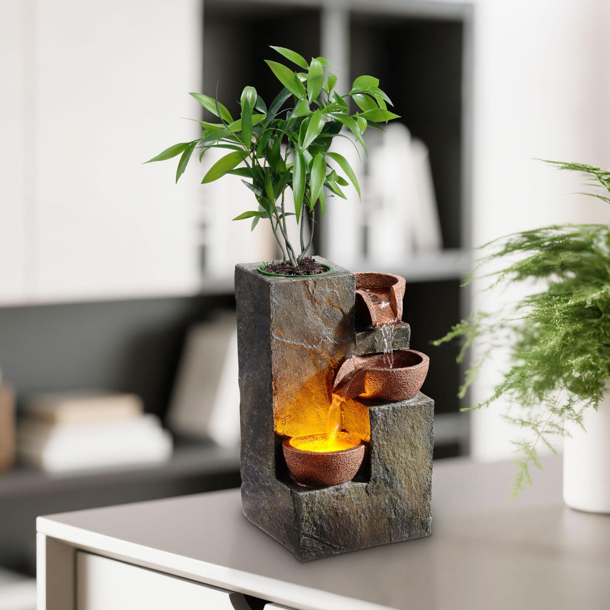Tabletop Indoor Water Fountain – 3-Tier Rock Waterfall Fountain with Warm LED Light and DIY Planting Pot – Relaxing Small Water Feature for Desk or Home Decor (23061)
