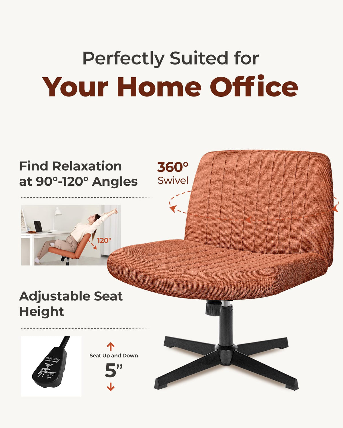 NEO CHAIR Criss Cross Chair with Wheels Home Office Cross Legged Armless Chairs Adjustable Computer Desk Wide Seat for Bedroom Vanity Comfy Swivel (Teddy White)