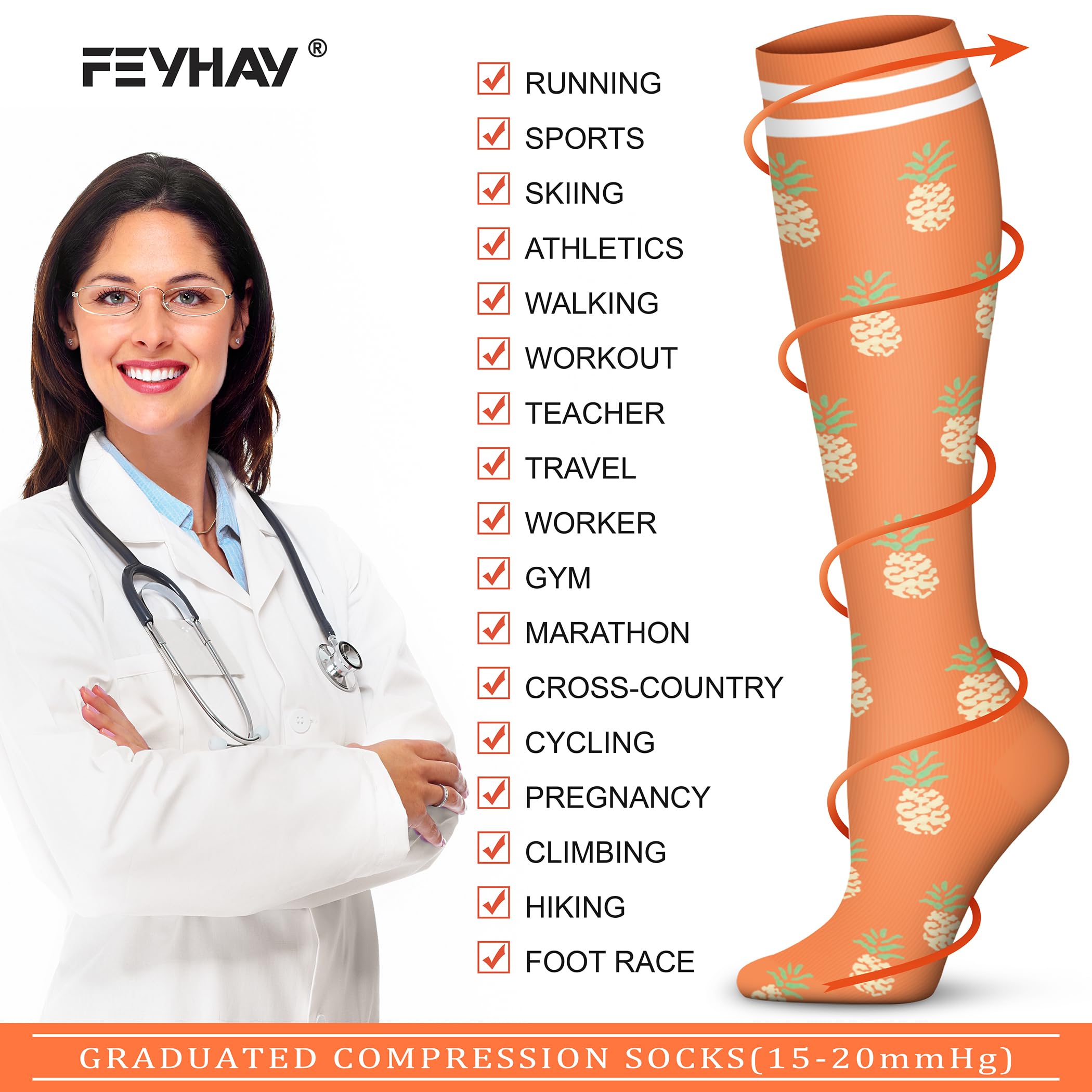 FEYHAY Copper Compression Socks (8 Pairs) 15-20 mmHg Circulation is Best Athletic & Daily for Men & Women, Running, Climbing