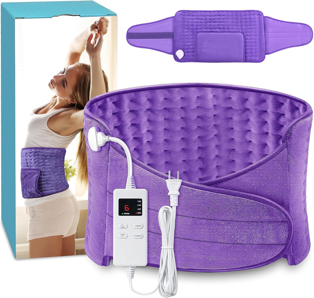 Heating Pad for Period Cramps Back Pain Electric Heating Pad Menstrual Lower Back Neck Shoulders Pain Relief 6-Hour Auto Off 12x24 Heated Pad + 20" Belt 4 Timer 6 Heat Level Wrap (Purple)