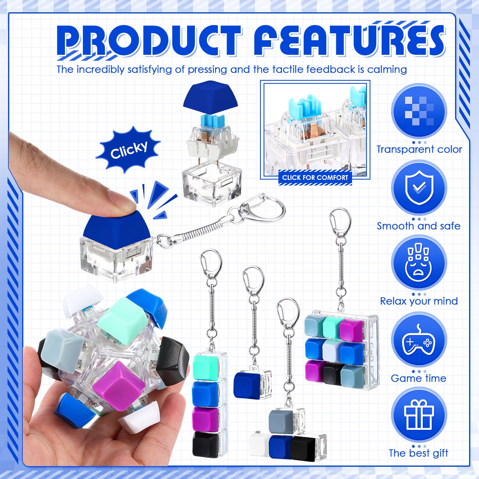 Halloscume 5 Pcs Keyboard Fidget Clicker Keychains in 5 Styles, Back to School Gift Fidget Mechanical Button Clicker Stress Relief Gift for First Day of School Office Home(Blue Purple)
