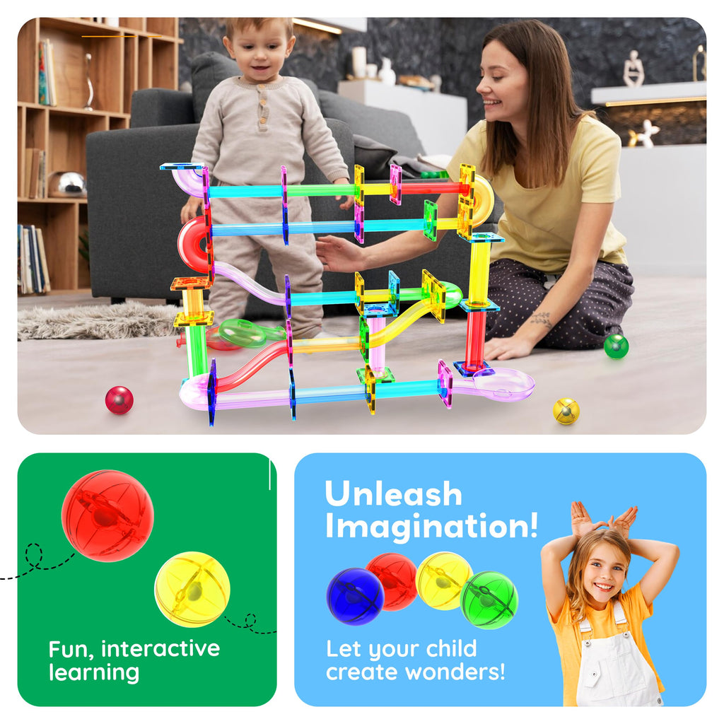 PicassoTiles 100 Piece Marble Run Magnetic Tiles Race Track STEM Ages 3+ | BPA-free ABS plastic, reinforced edges, curved slopes and U-turns, steel balls included, open-ended maze layouts, shared play