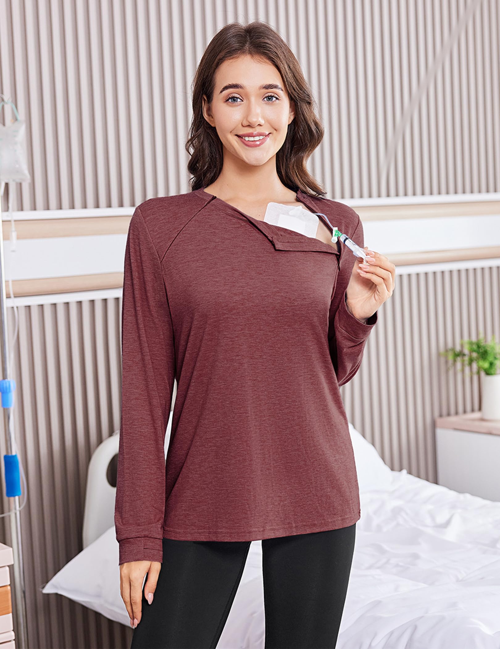 Deyeek Chemo Shirts for Port Access Women Long Sleeve Shoulder Post Surgery Shirt Dialysis Sweatshirts with Arm Zipper